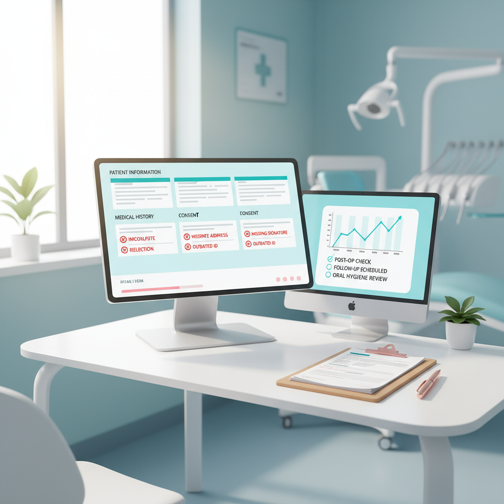Modern dental clinic workspace with digital dashboard
