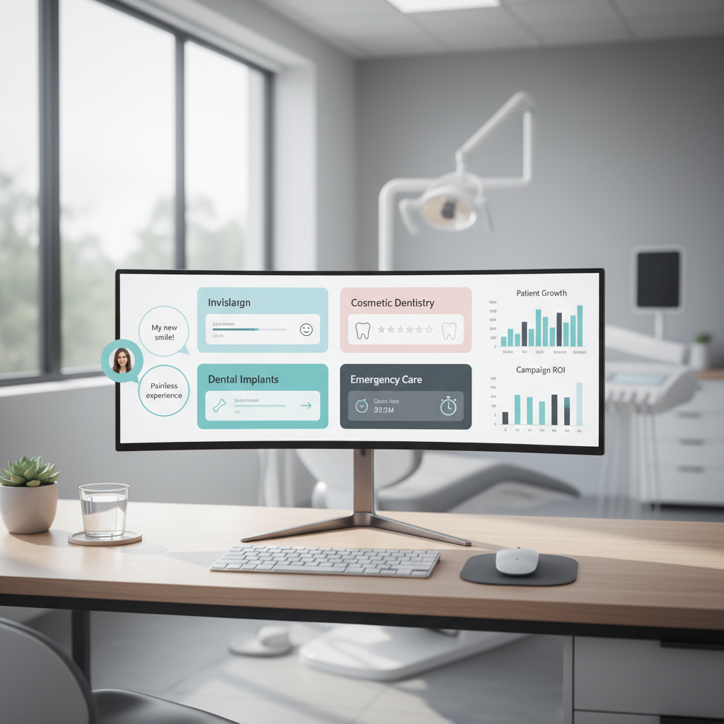 Modern dental clinic workspace with digital dashboard