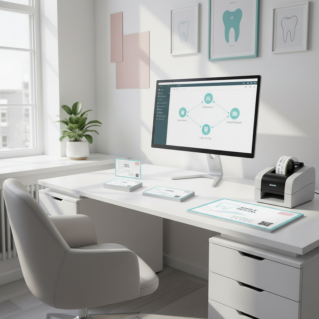 Modern dental clinic workspace with digital scheduling dashboard, appointment cards, and warm accents.