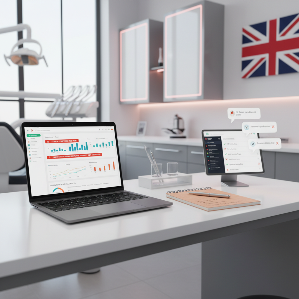 Modern dental clinic workspace with laptop and tablet