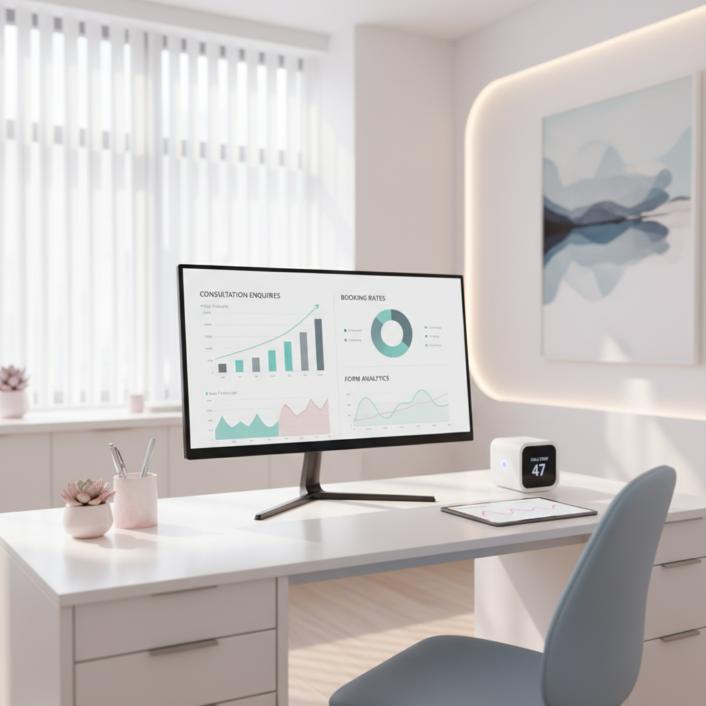Modern dental clinic workspace with monitor, call device, and tablet displaying analytics in soft teal and gray