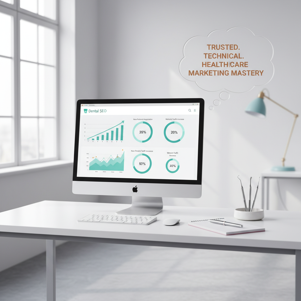 Modern dental clinic workspace with SEO dashboard, dental tools, and testimonial bubble.