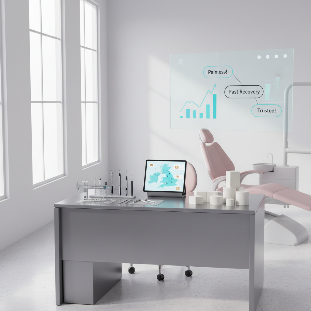 Modern dental clinic workspace with tools, digital tablet, pink chair, and dashboard displays.