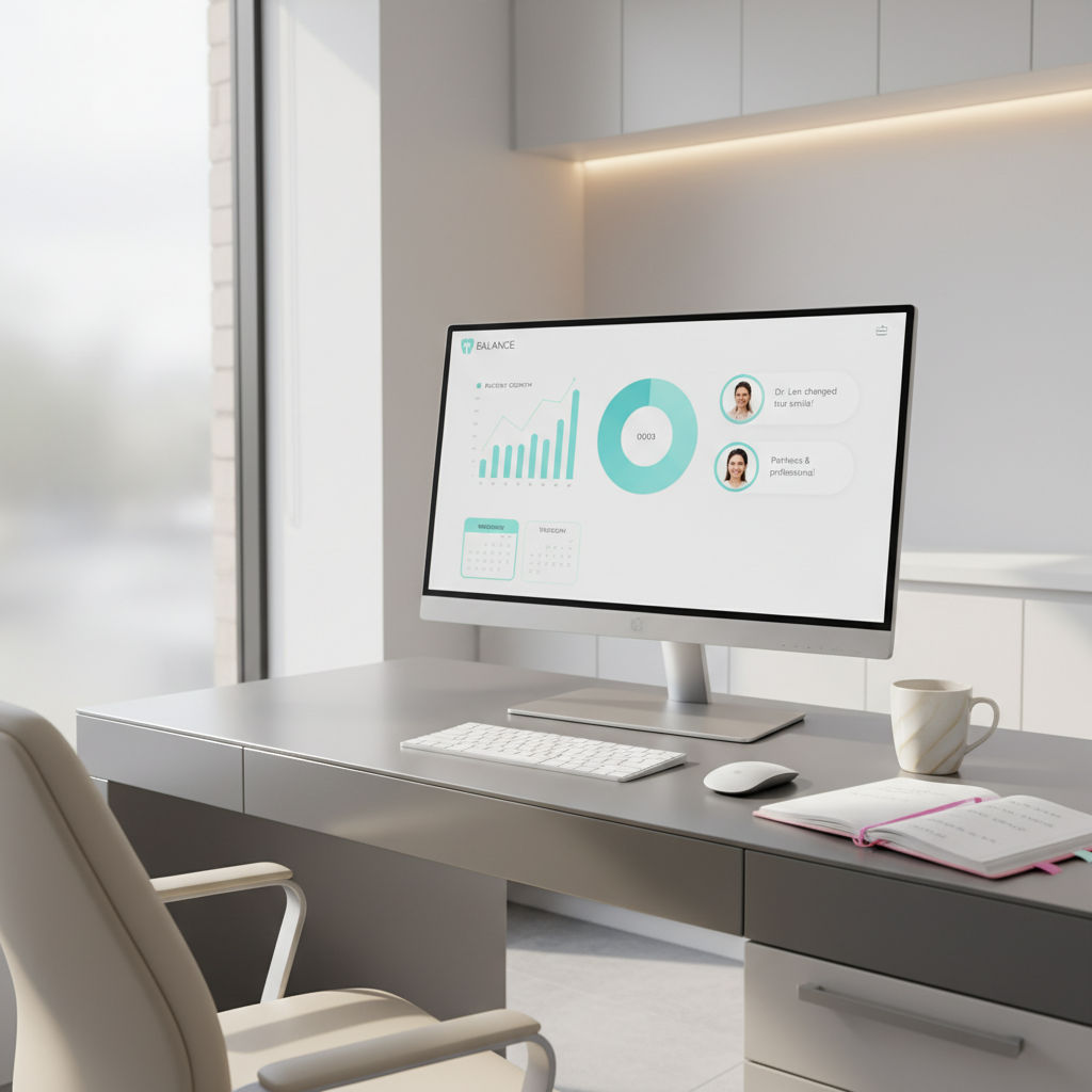 Modern dental dashboard on a digital workspace in a bright clinic treatment room.