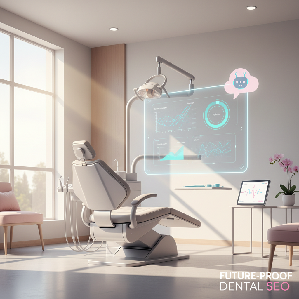 Modern dental office with digital dashboard, chatbot icon, dental chair, and voice search tablet.
