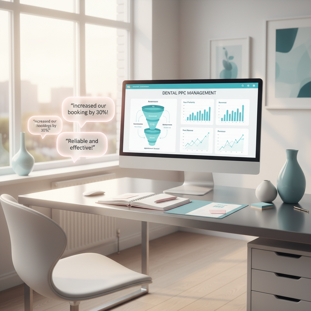 Modern dental office with digital monitor displaying analytics