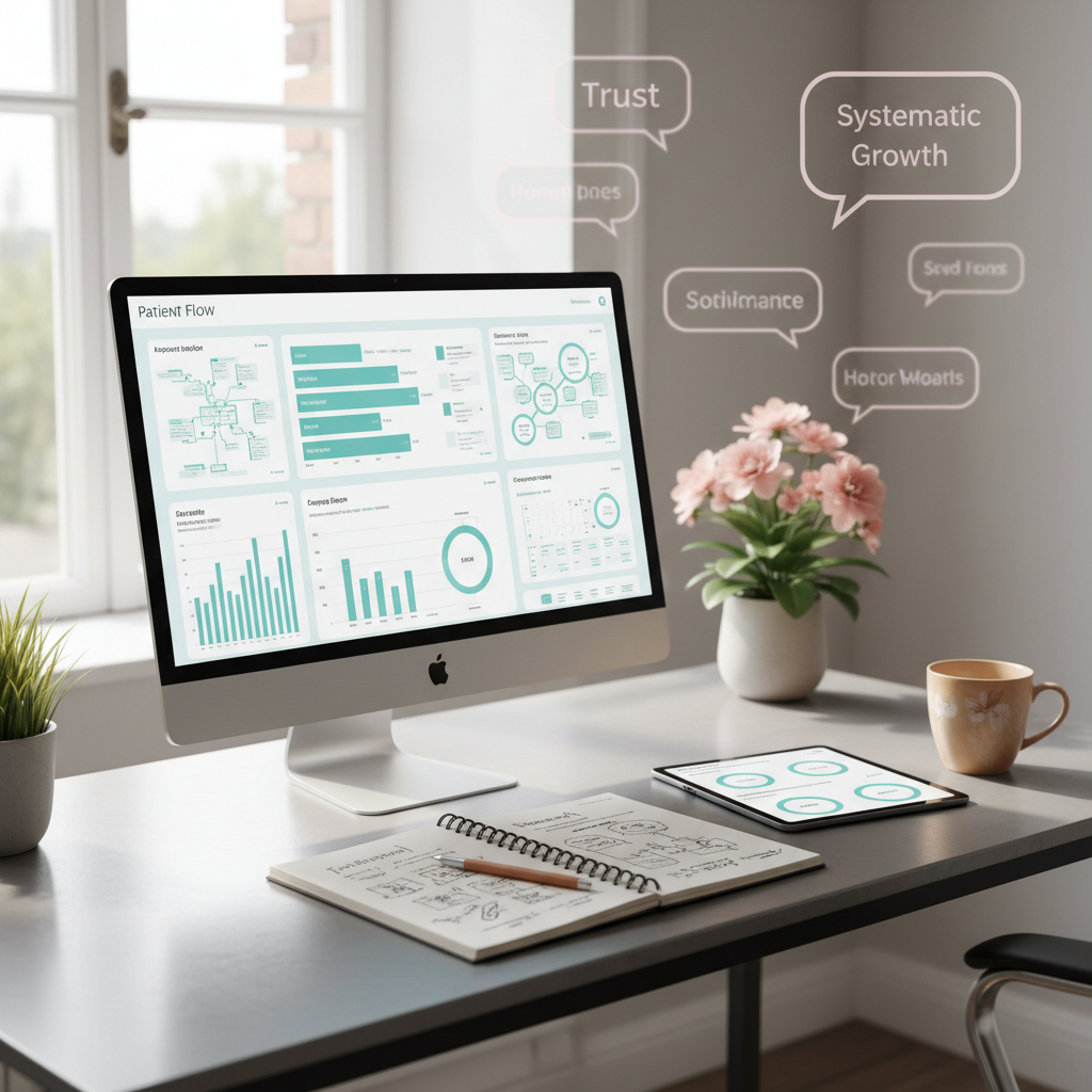 Modern dental office workspace with digital dashboards, notes, tablet, coffee, and plant.