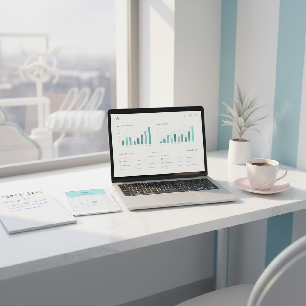 Modern dental office workspace with laptop and notepad