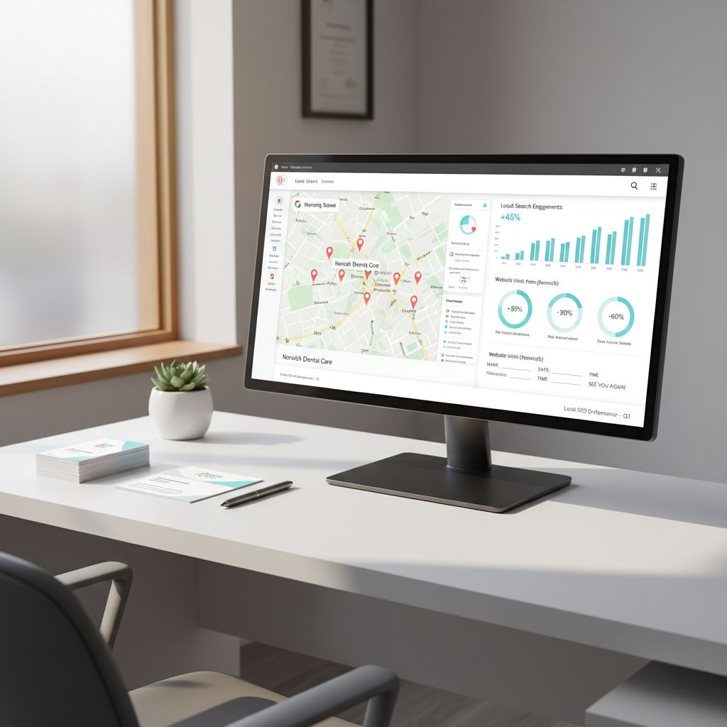 Modern dental office workspace with SEO dashboard, business cards, notes, and growth charts.