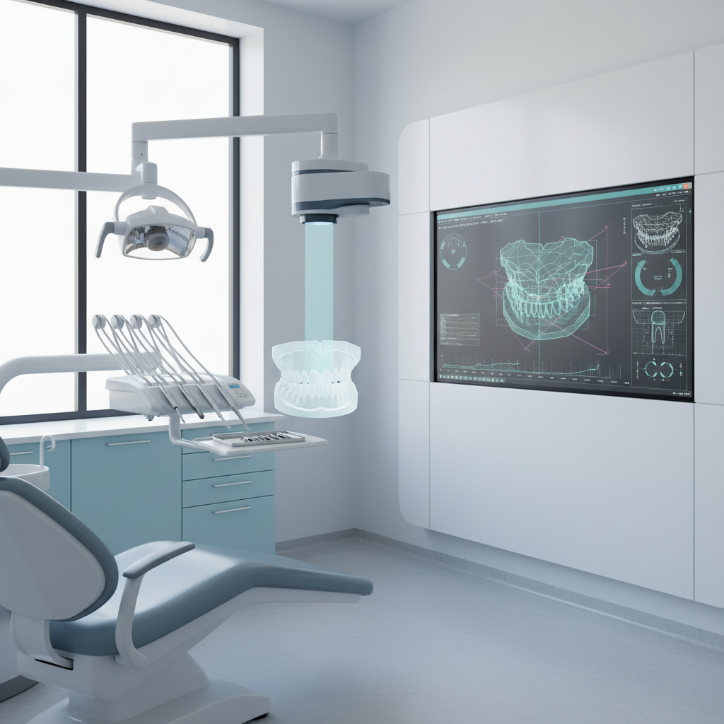 Modern dental treatment room with 3D model, CAD schematics, and digital workspace display.