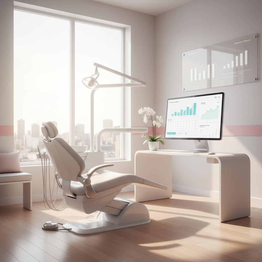 Modern dental treatment room with chair, digital dashboard, calendar, and wall chart.