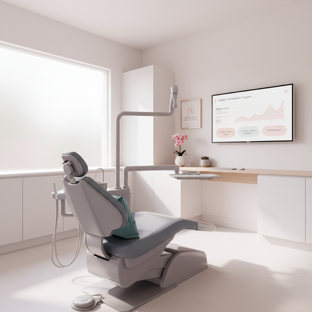 Modern dental treatment room with chair, digital dashboard, and organized workspace in Norwich.
