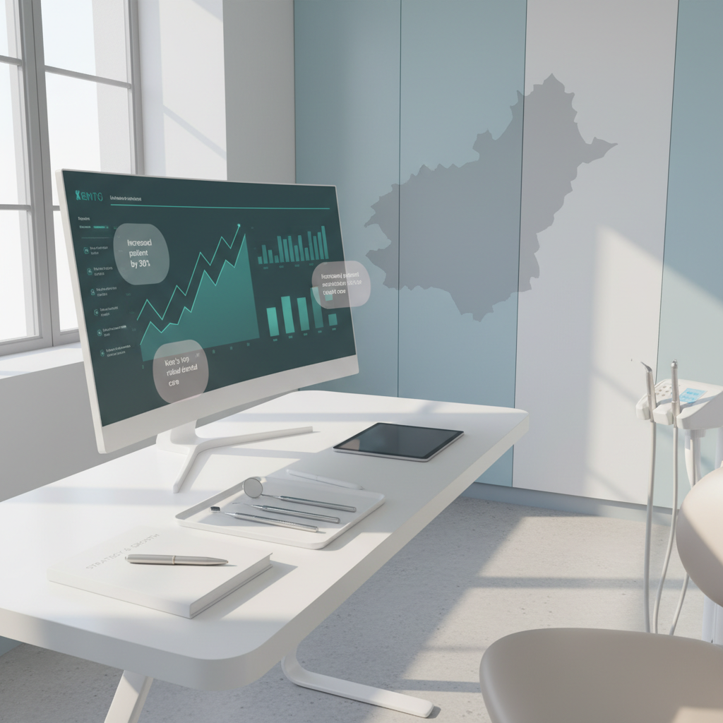 Modern dental treatment room with digital dashboard, polished tools, notebook, and soft lighting.