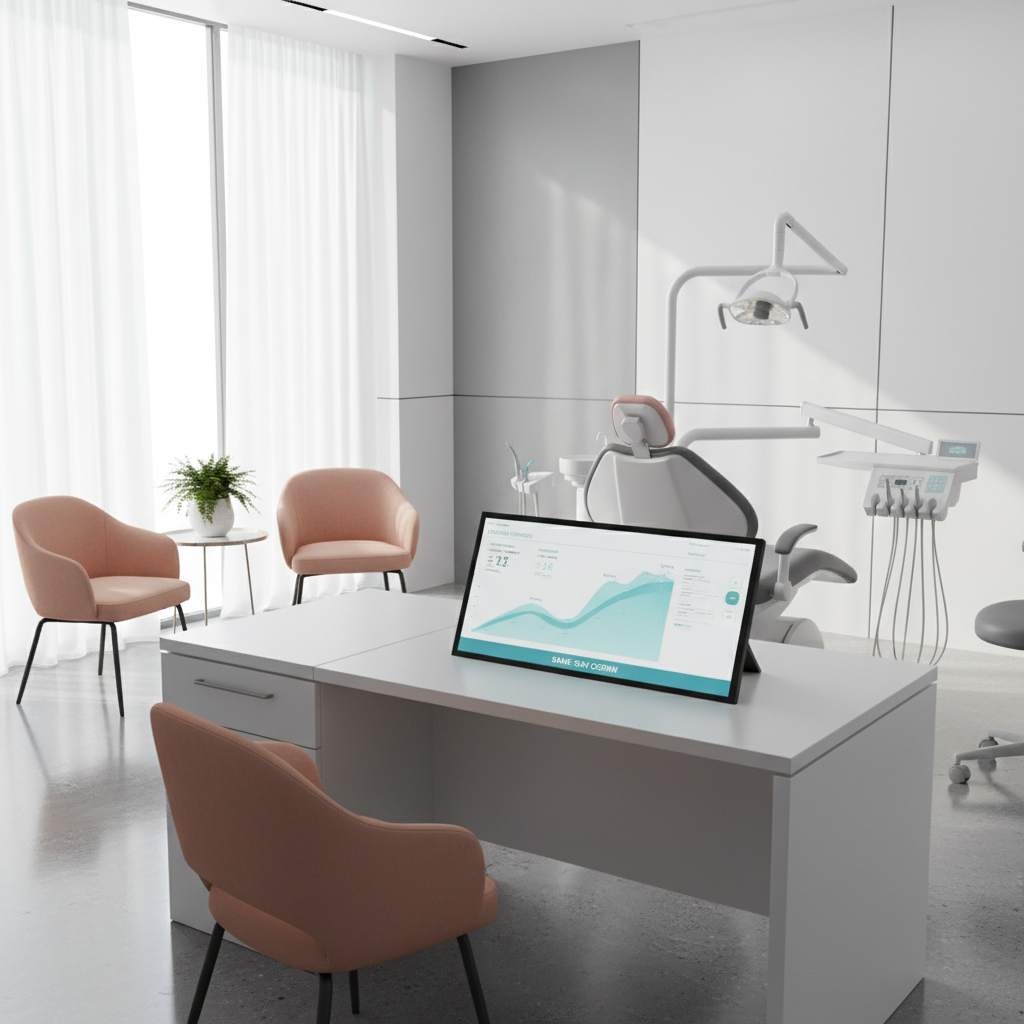 Modern dental treatment room with digital dashboard, seating, greenery, and clinical surfaces.