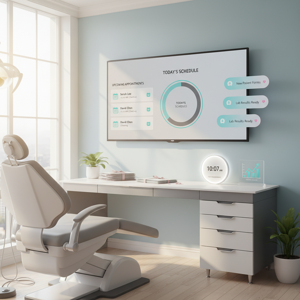 Modern dental treatment room with digital dashboard, patient notes, clock, and growth chart.