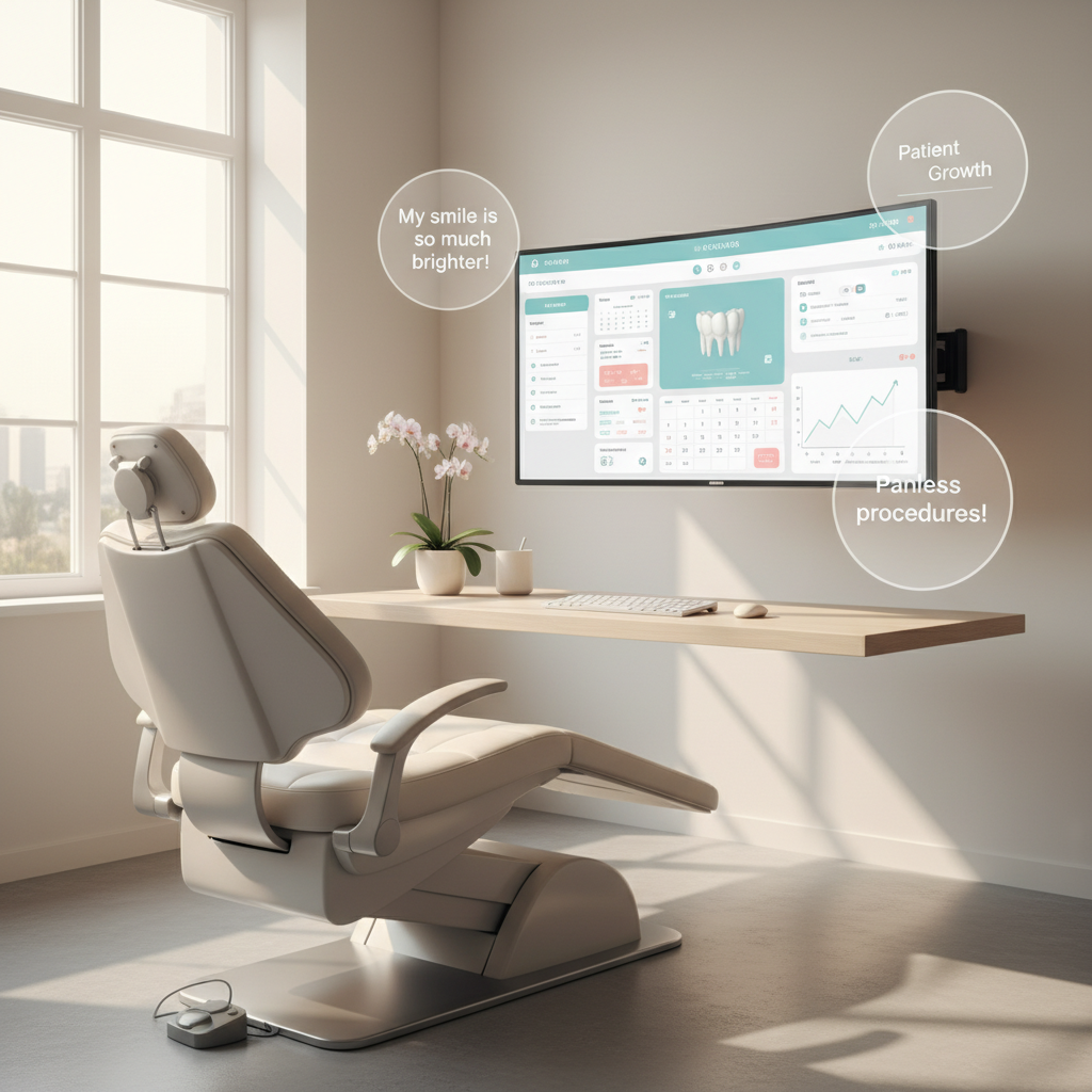 Modern dental treatment room with digital dashboard, testimonial bubbles, and growth charts.