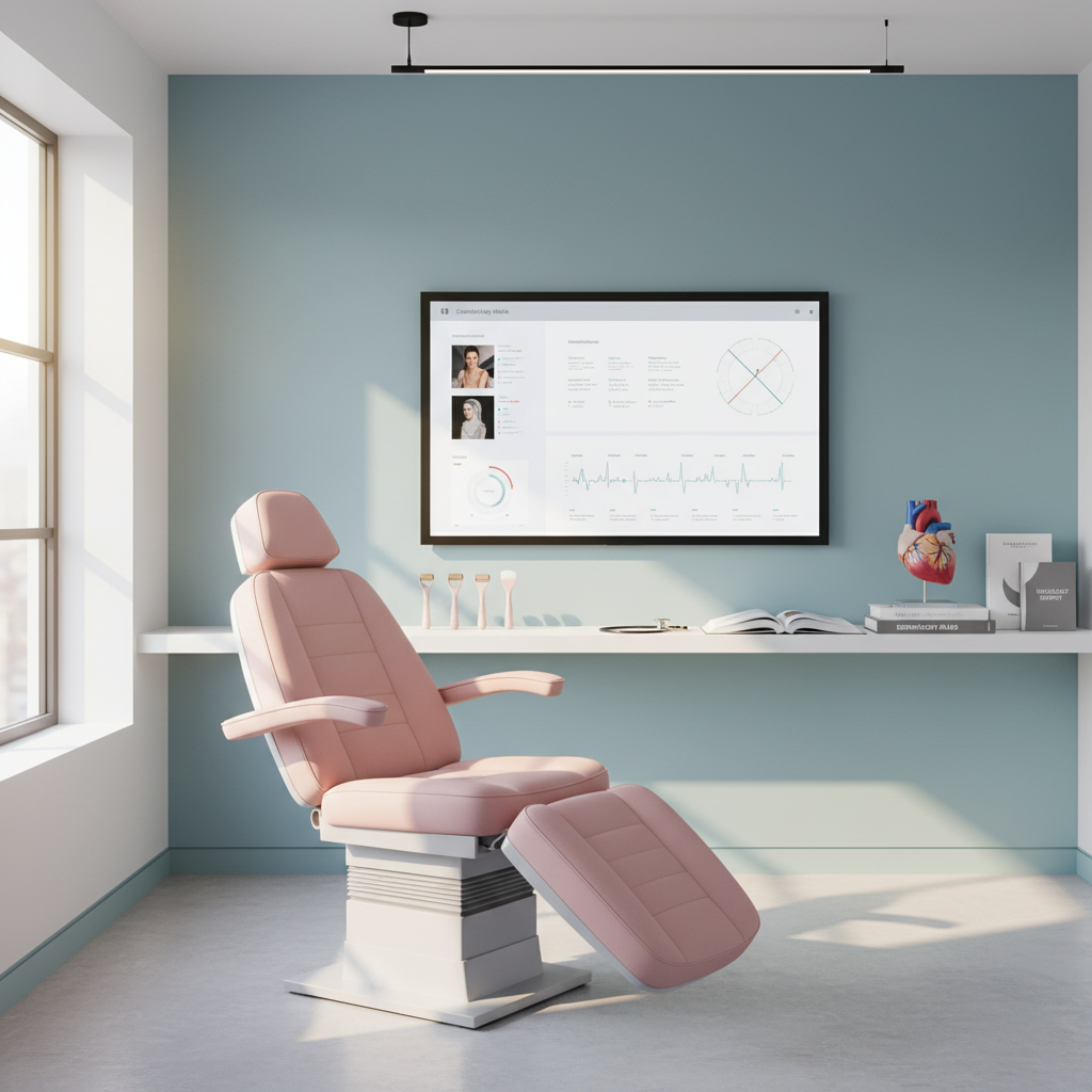 Modern dental treatment room with digital dashboard, medical tools, and soft pink accents.