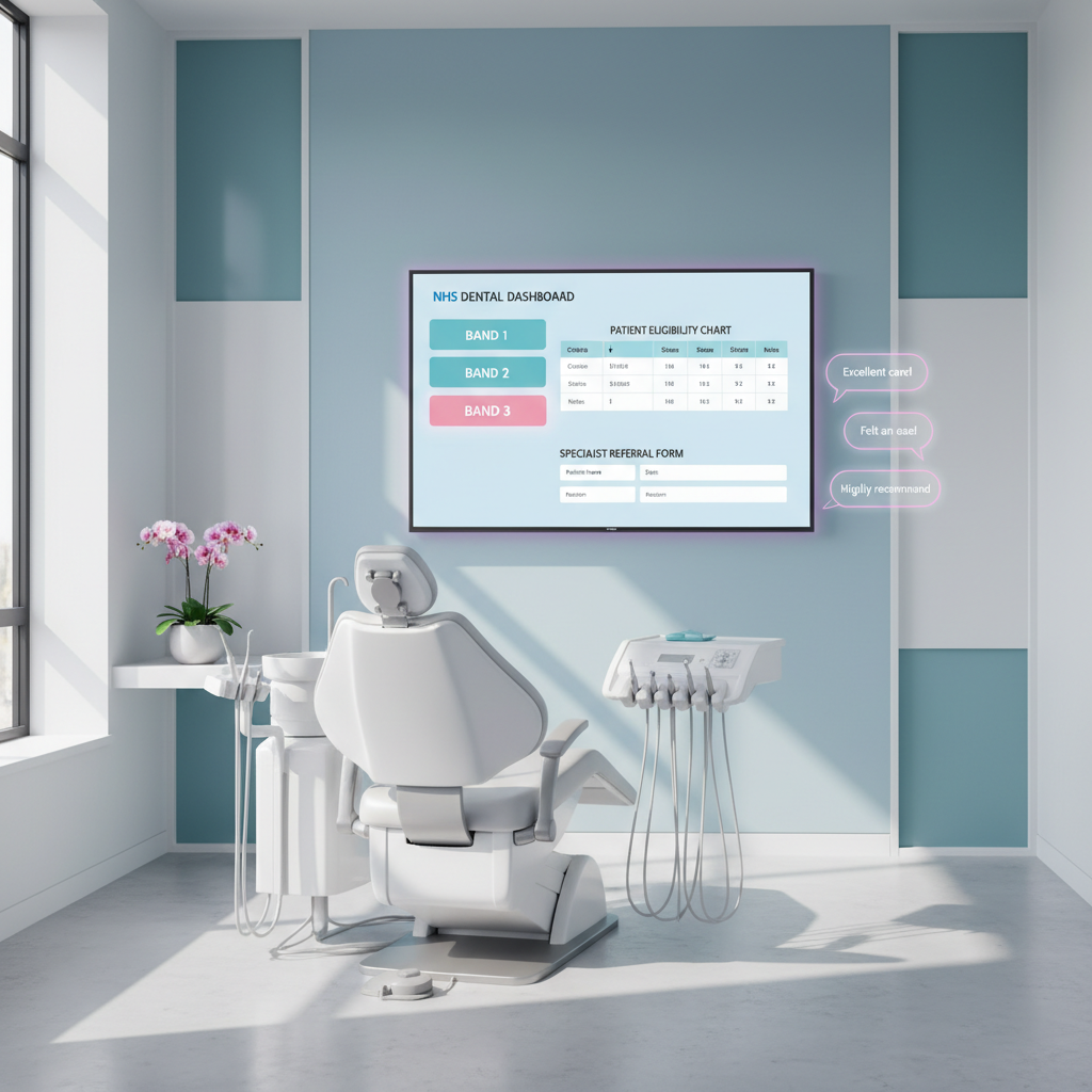 Modern NHS dental treatment room with digital dashboard