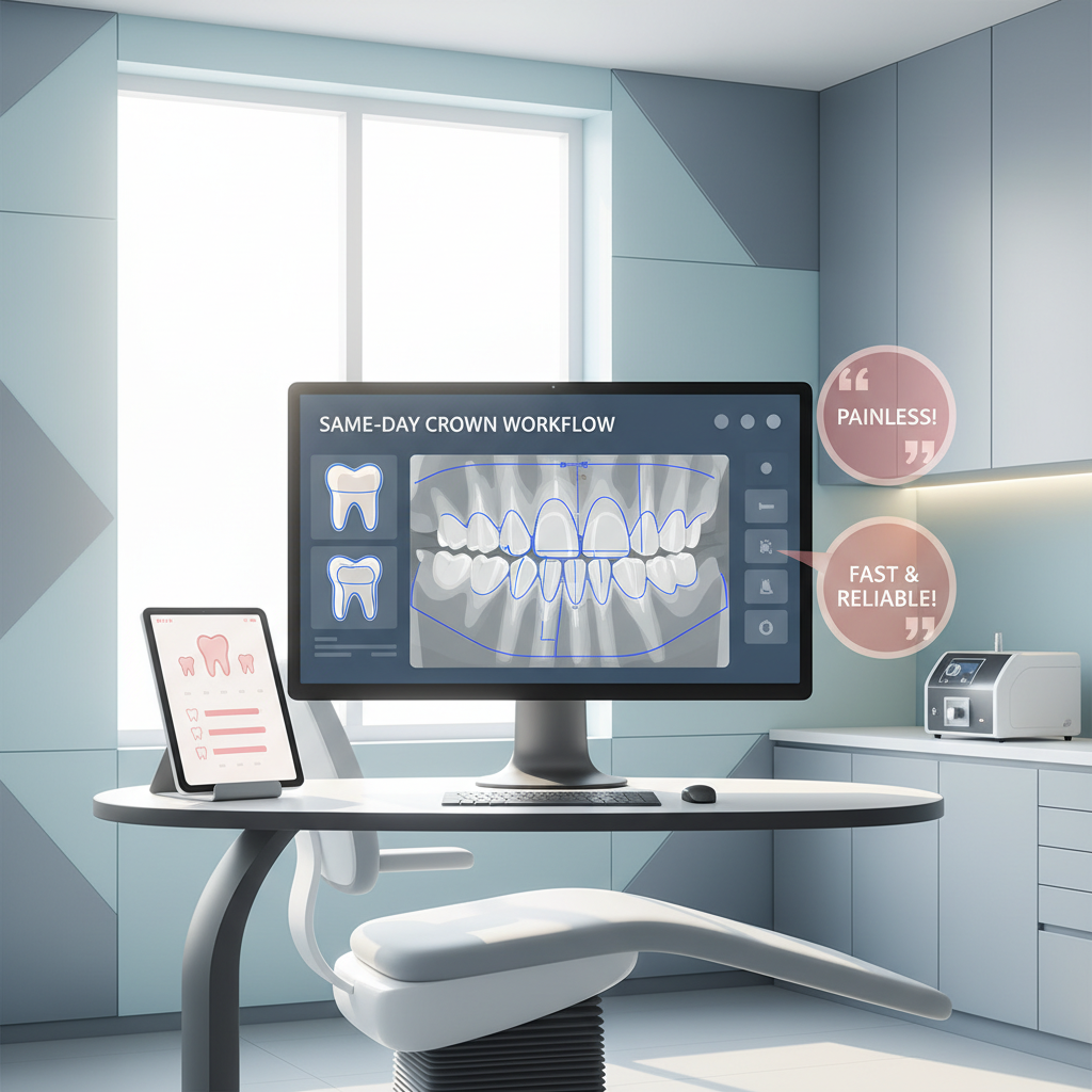Modern dental treatment room with digital scans, growth charts, and testimonial bubbles.