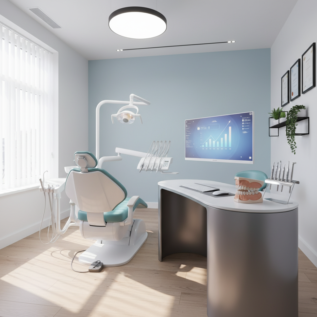Modern dental treatment room with digital workspace, dental tools, jaw model, and ambient lighting.