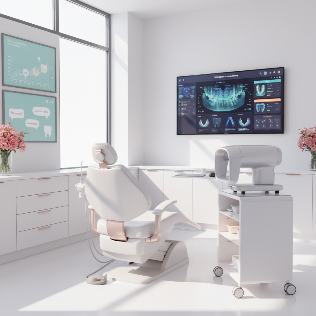 Modern dental treatment room with facial scanner, digital dashboard, growth charts, and testimonials.