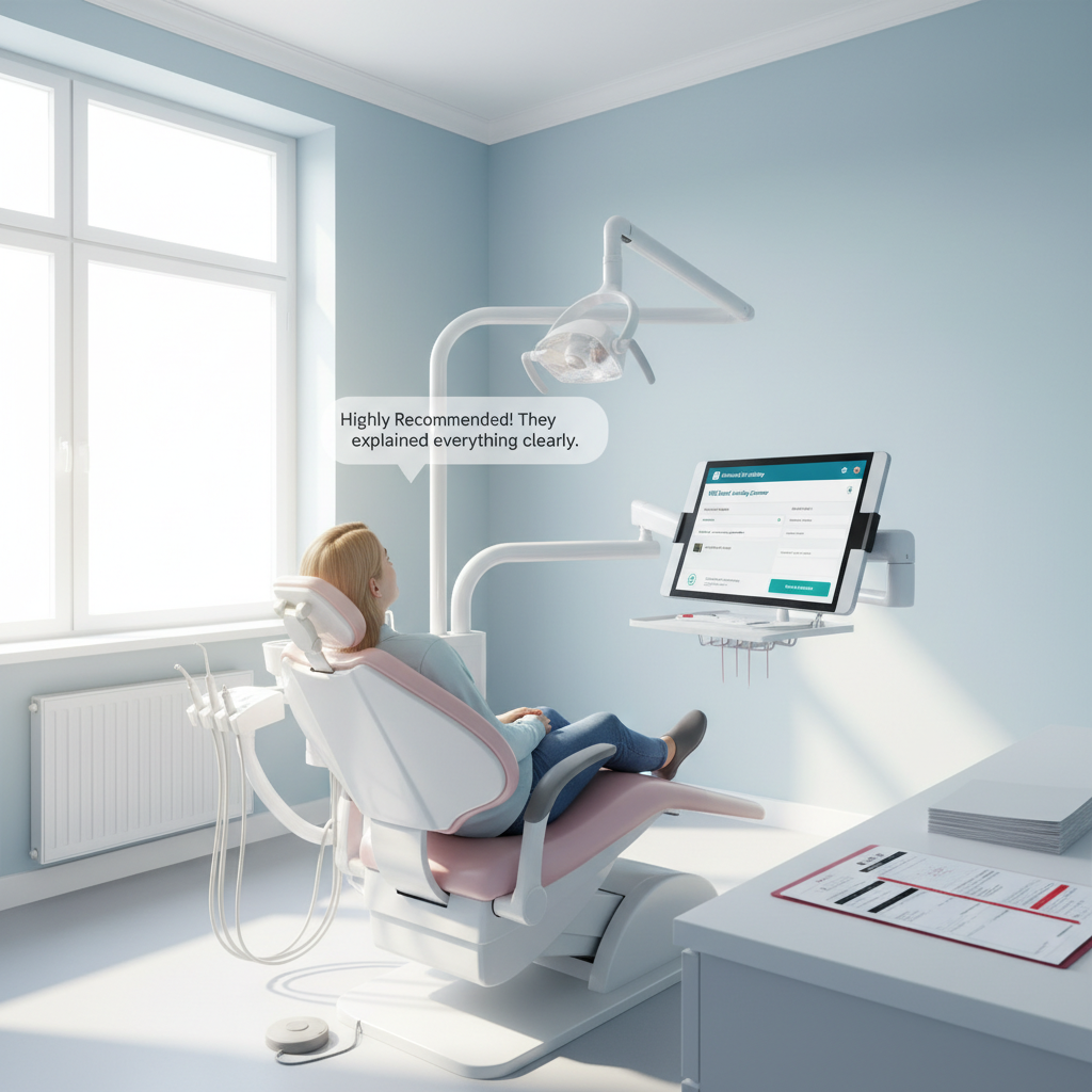 Modern dental treatment room with tablet displaying patient information