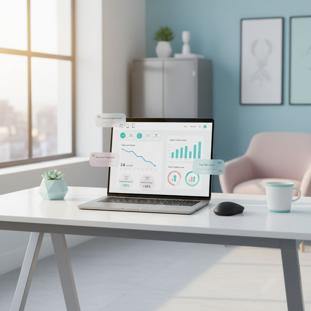 Modern dental website dashboard on laptop in bright, clinical workspace with growth charts and testimonials.
