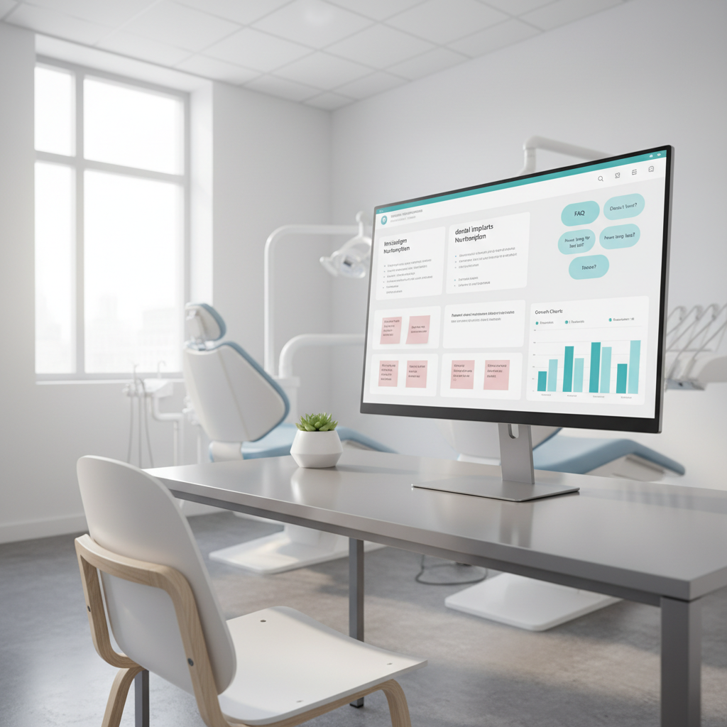 Modern dental workspace with a digital dashboard displaying service outlines and patient notes.