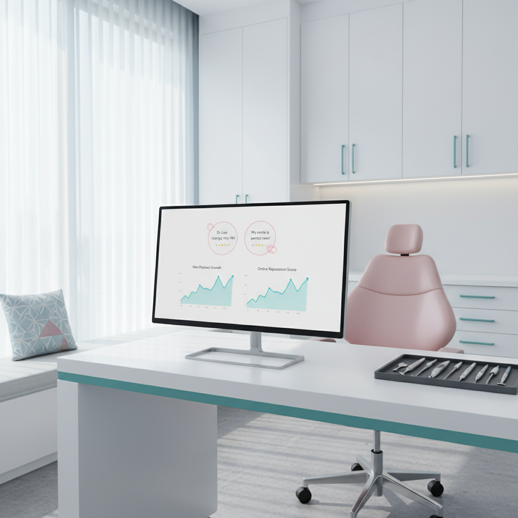 Modern dental workspace with computer displaying performance dashboard