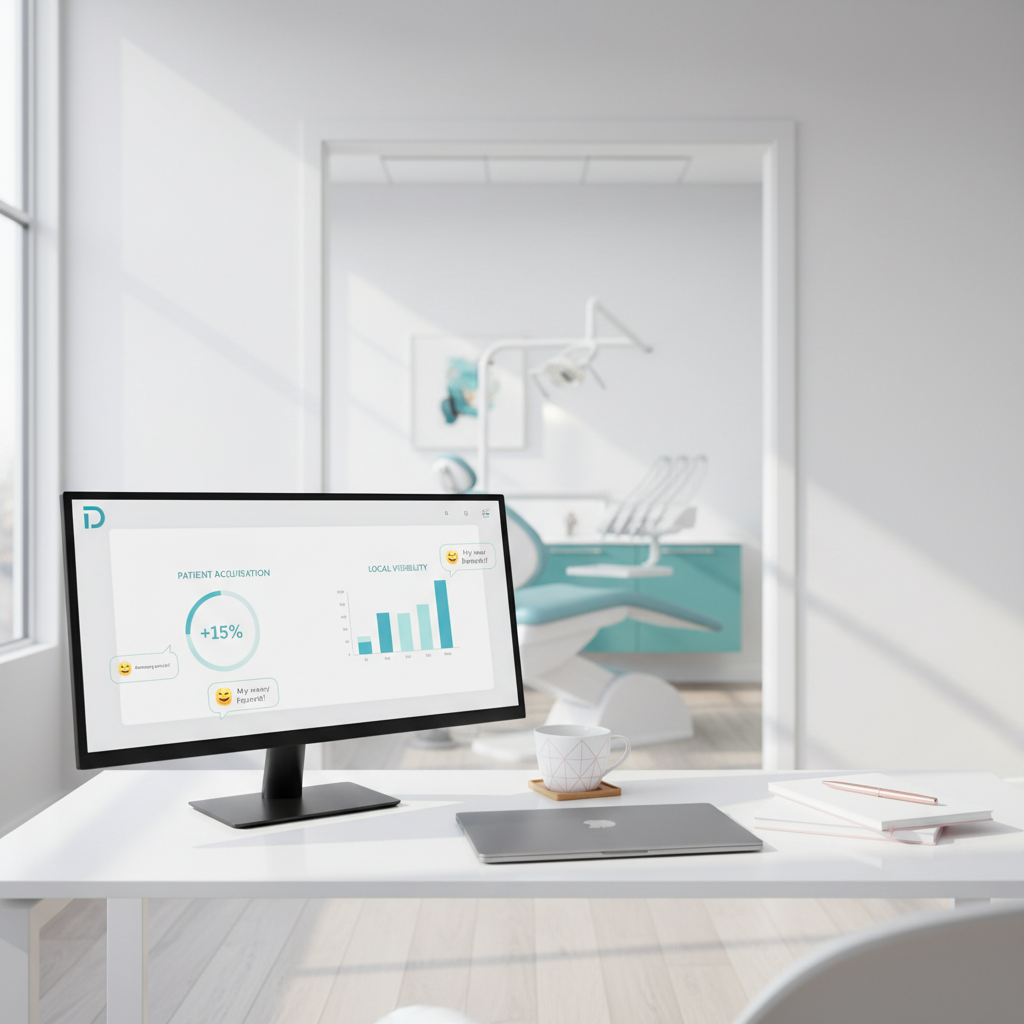 Modern dental workspace with dashboard, treatment room, and growth visuals in bright light.
