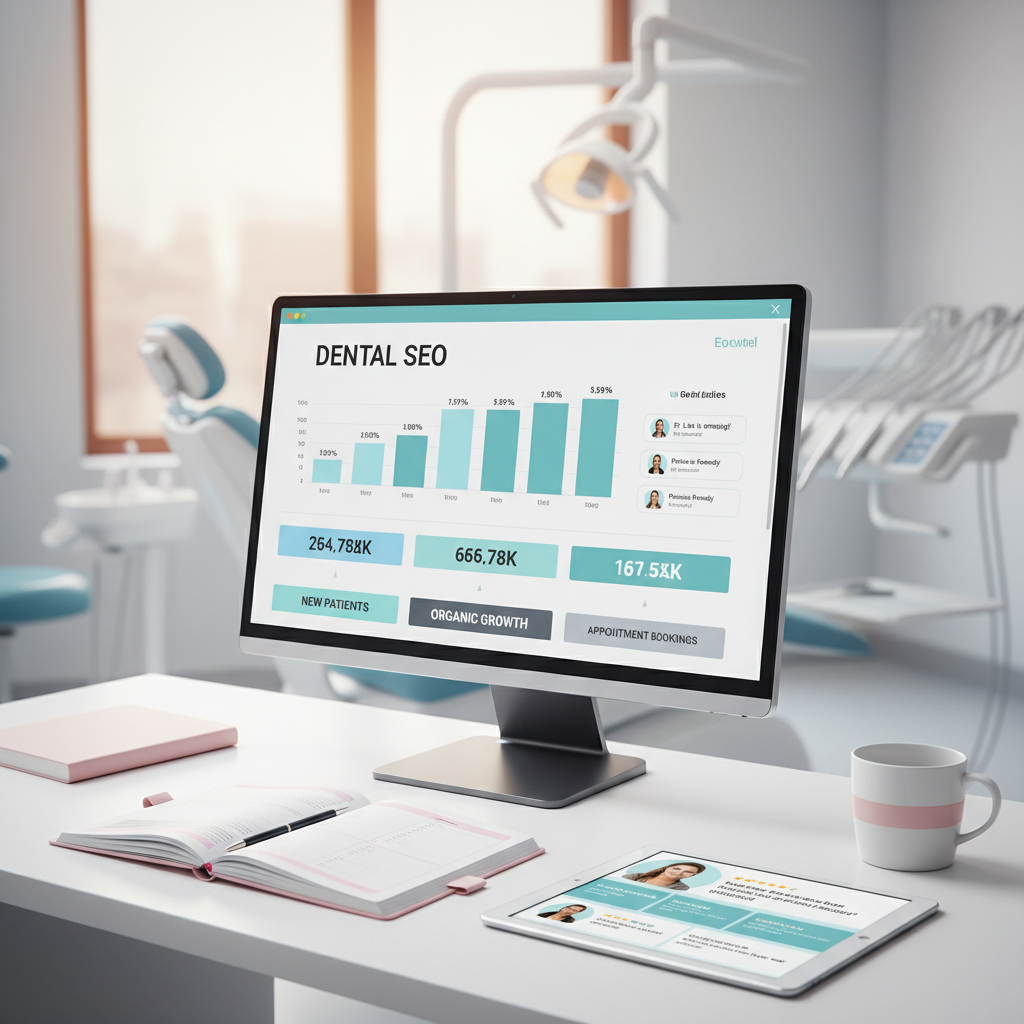 Modern dental workspace with SEO dashboard