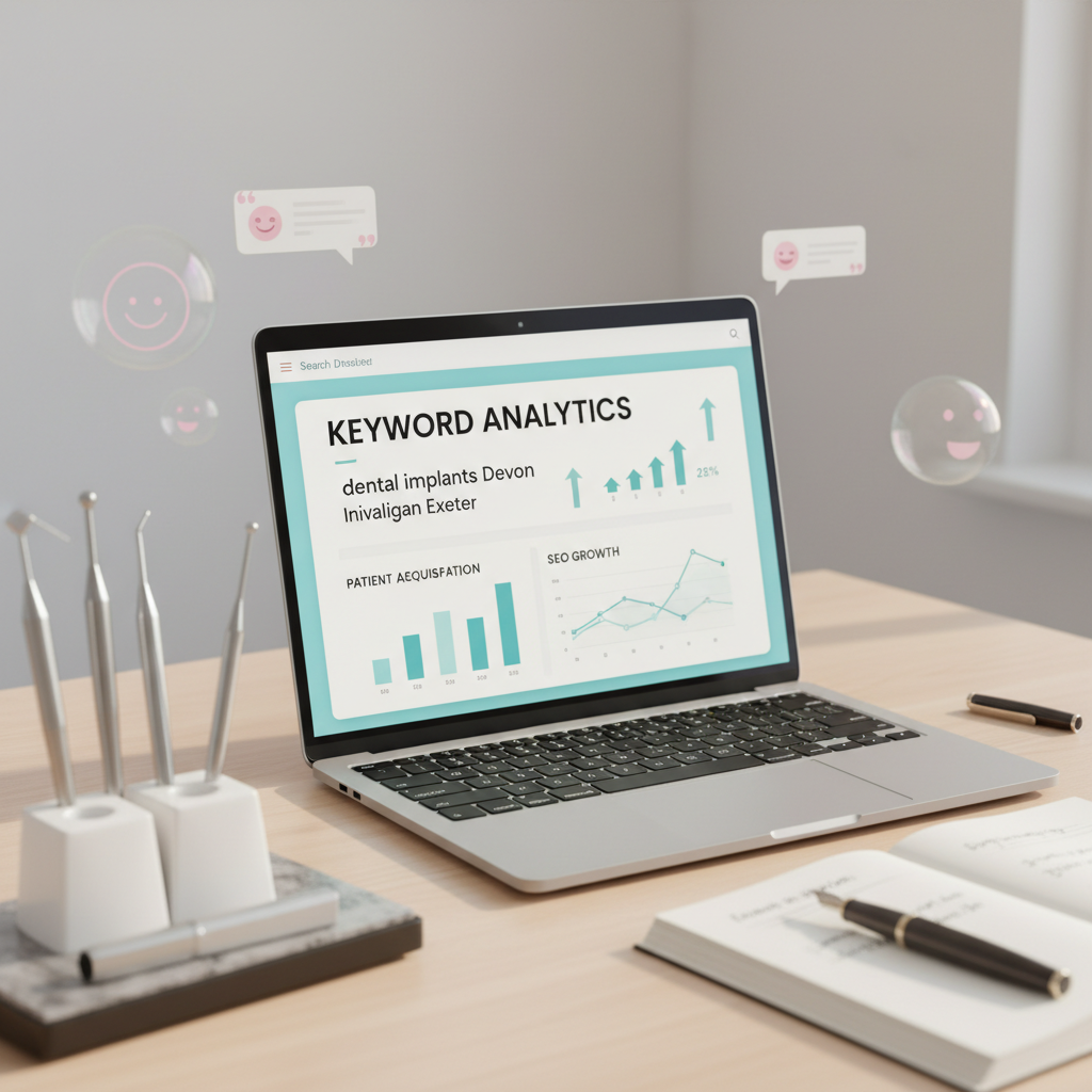 Modern dental workspace with SEO dashboard, tools, notes, and testimonial bubbles in bright lighting.