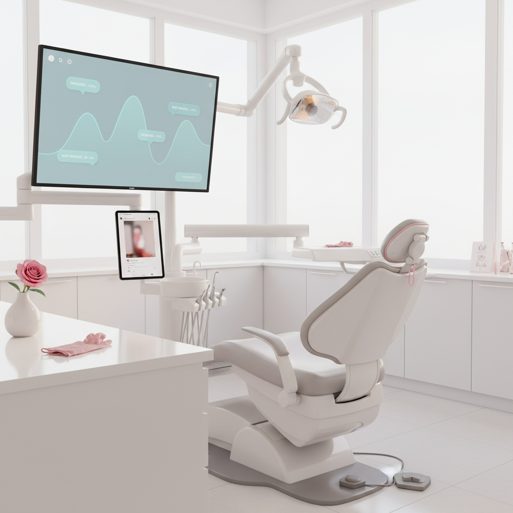 Bright dental treatment room with digital dashboard, dental chair, smartphone, and pink accents.