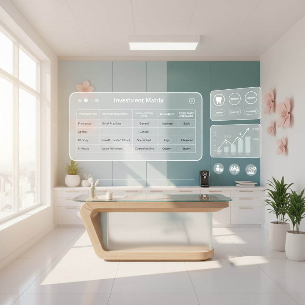 Bright dental workspace with digital dashboard showing investment matrix and strategic decision visuals.
