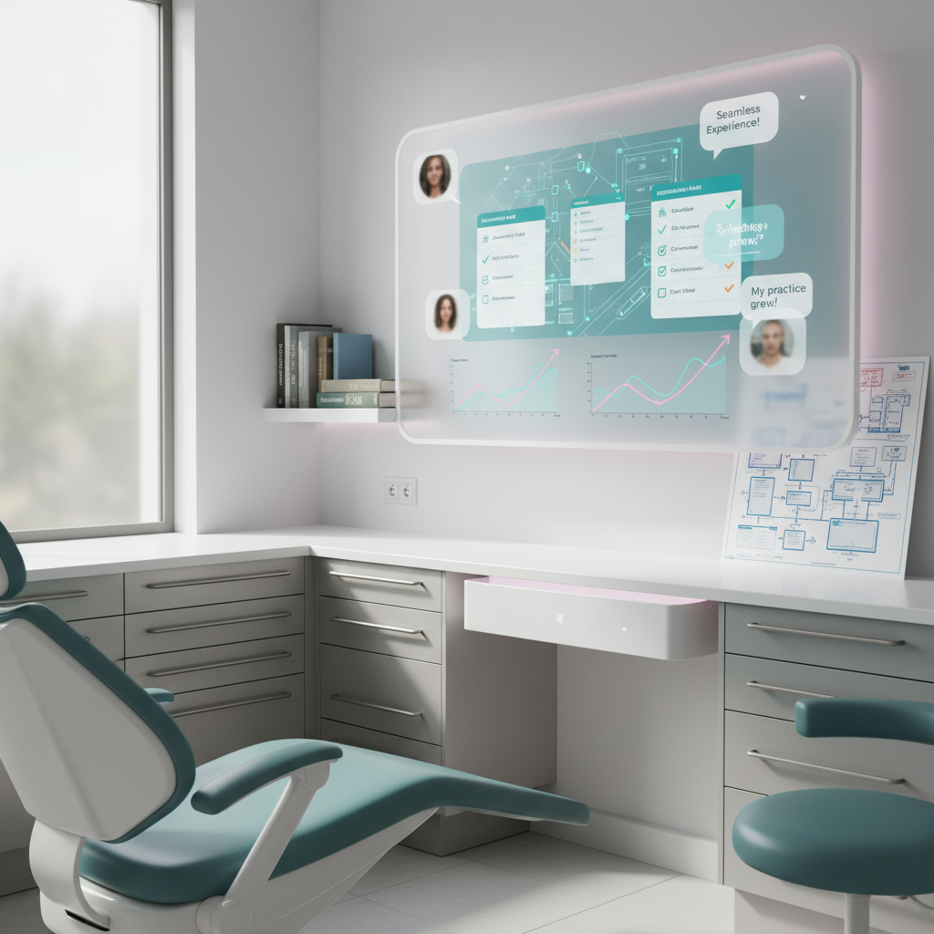 Bright dental workspace with digital dashboard, site maps, audit checklists, and technical documents.