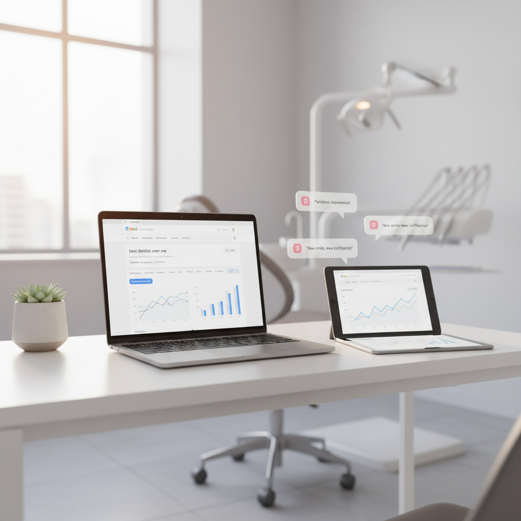 Dental clinic workspace with SEO dashboard, growth chart, and testimonial bubbles on desk.