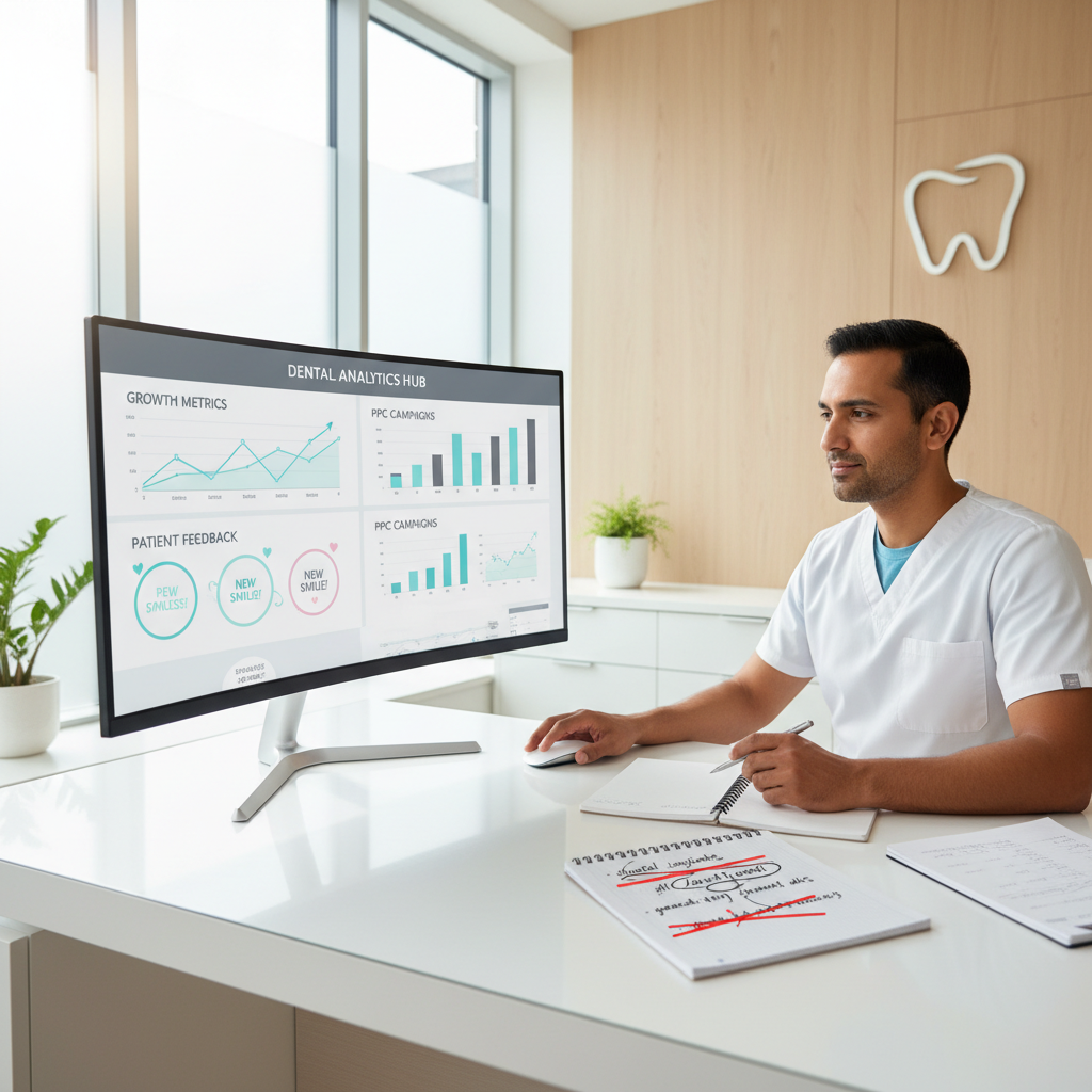 Dental professional reviewing digital dashboard with growth charts and notes in a bright, modern clinic.