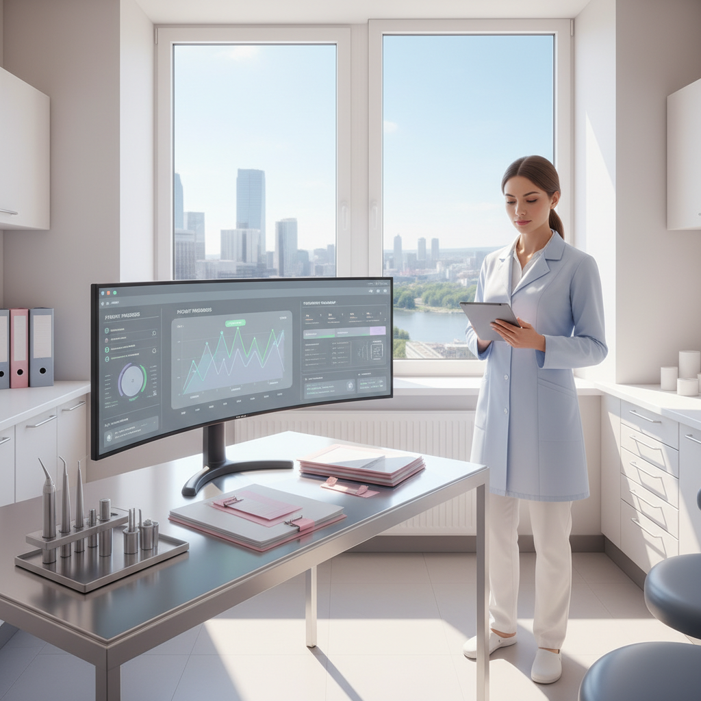 Dental professional reviewing digital growth charts and treatment plans in a bright clinic.