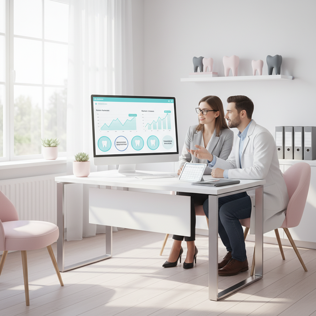 Dental team collaborating over digital dashboard in bright, modern clinic with blue, teal, and pink accents.