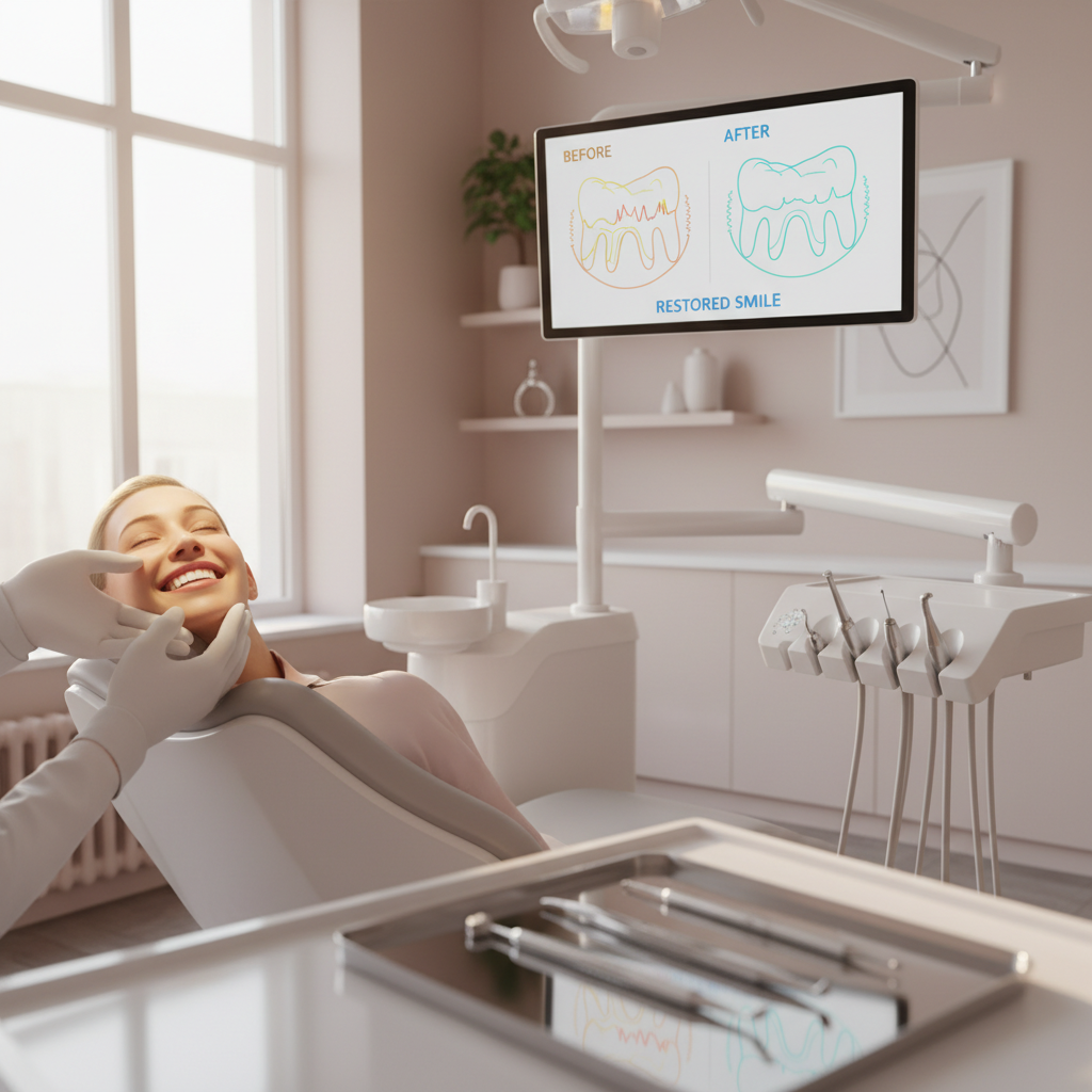 Dentist examining patient's smile in bright, modern dental treatment room with digital charts.