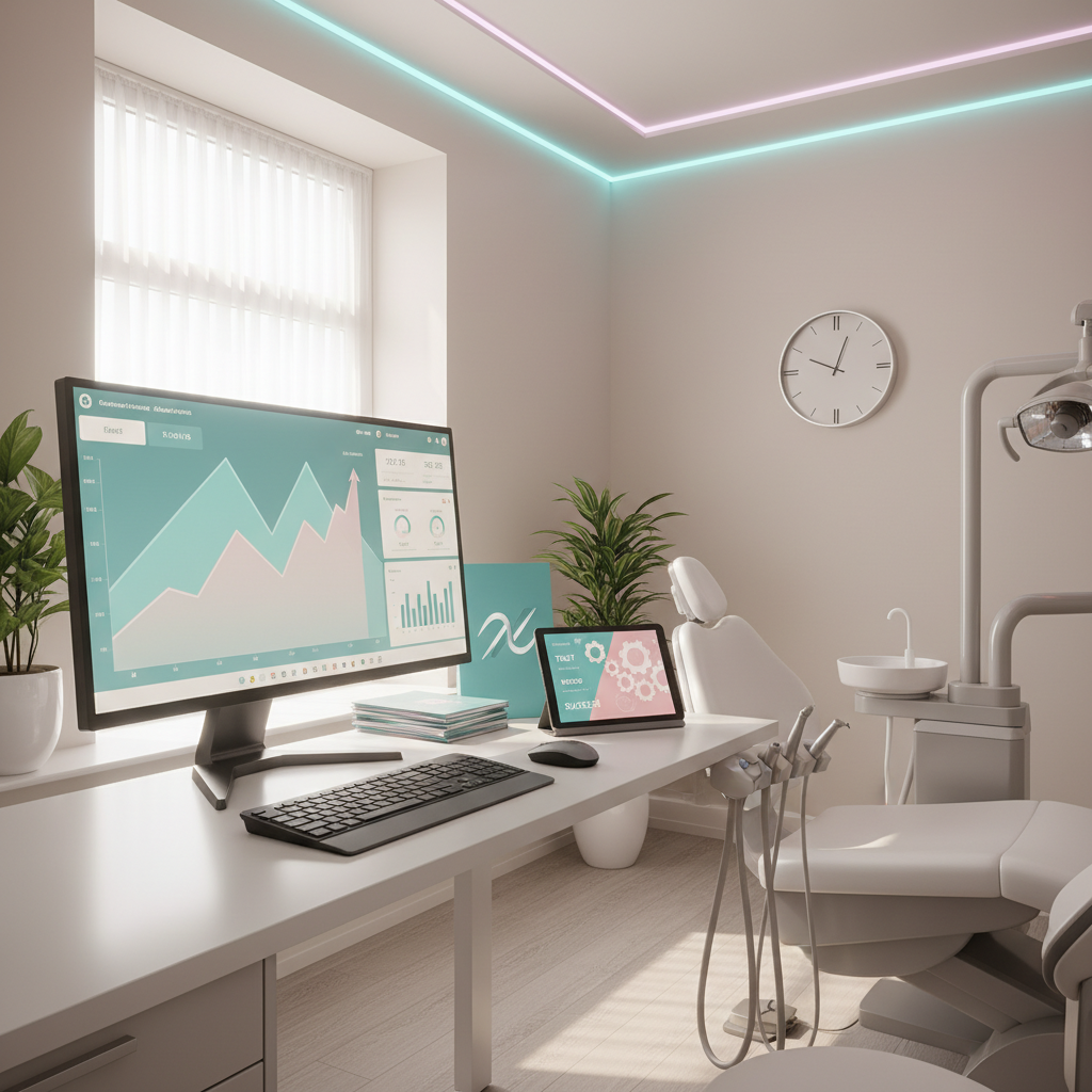 Modern dental clinic treatment room with digital dashboard, finance brochures, and tablet.