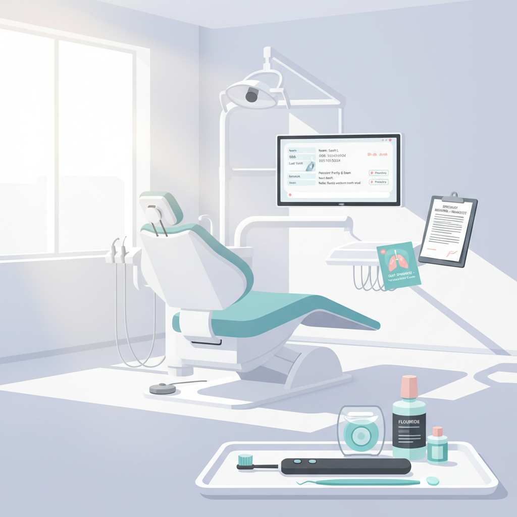 Modern dental clinic treatment room with digital dashboard, oral care tools, and health pamphlets.