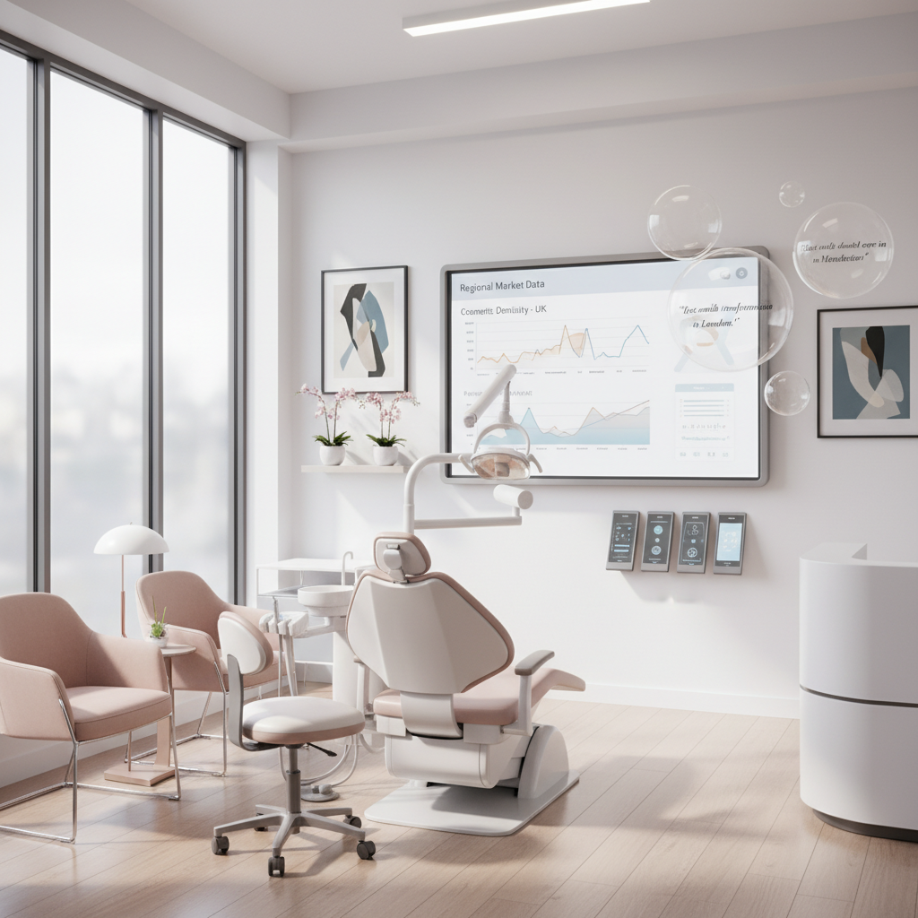 Modern dental clinic treatment room with digital dashboard displaying market data and patient demand.