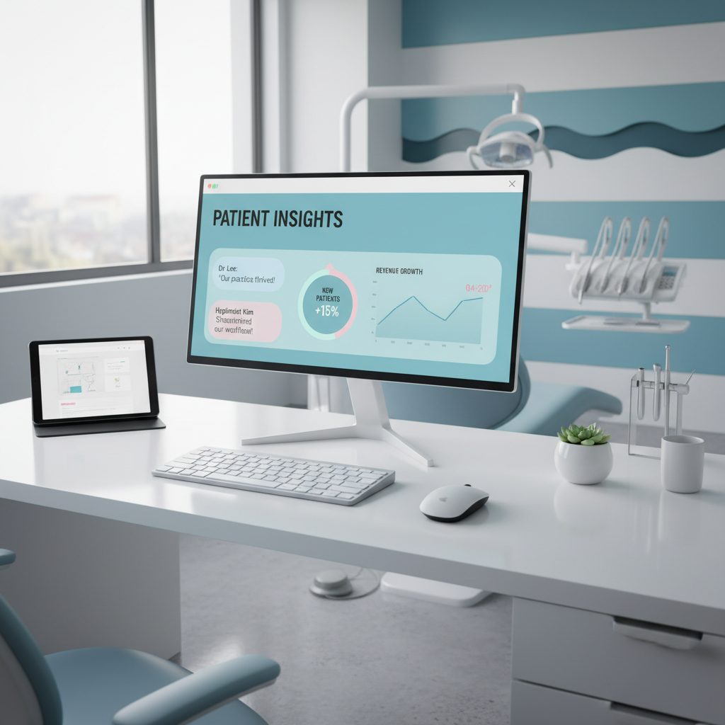 Modern dental clinic treatment room with digital dashboard, testimonial bubbles, and growth charts.