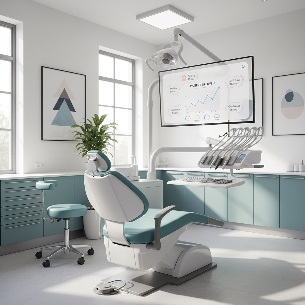 Modern dental clinic treatment room with digital dashboard, growth charts, and testimonial bubbles.