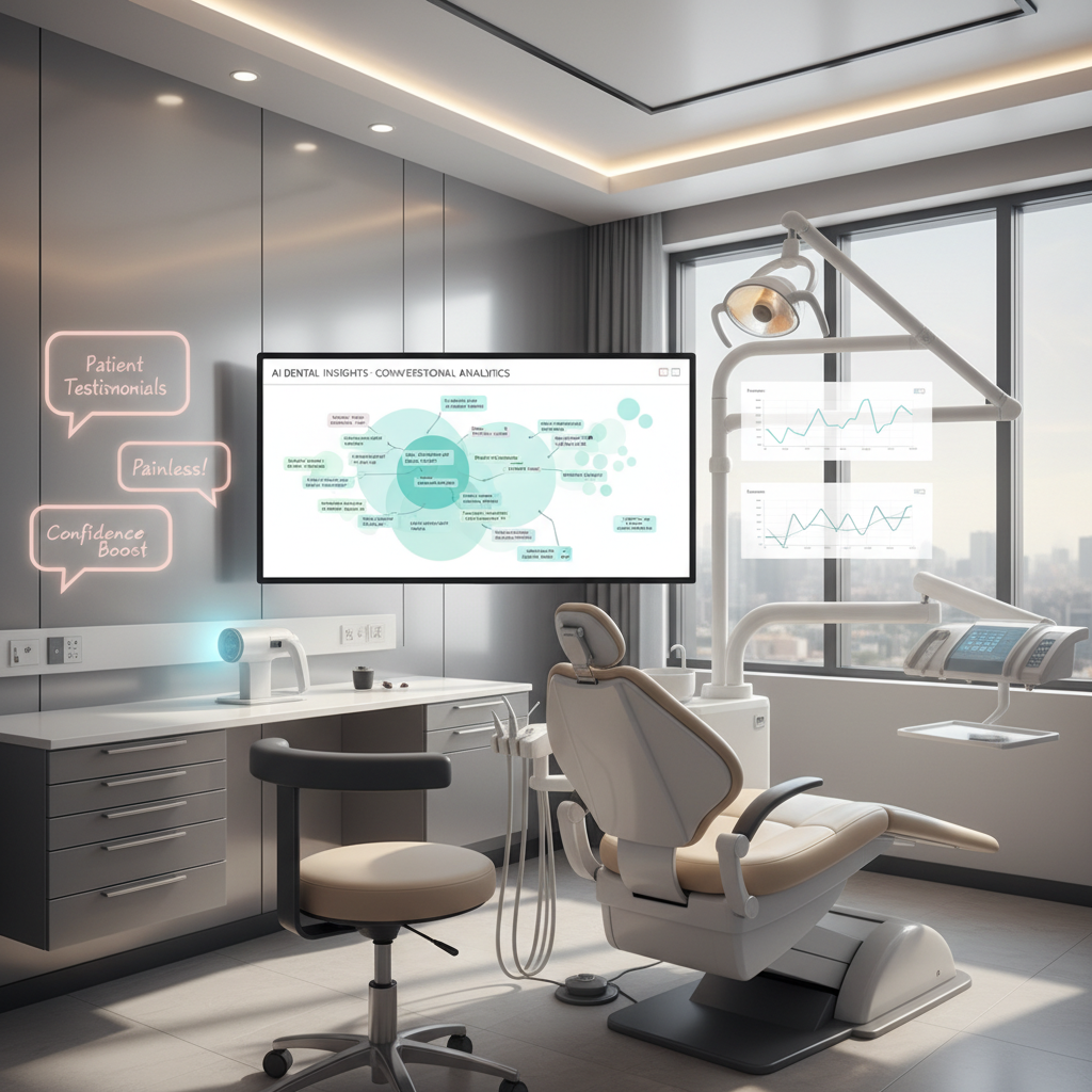 Modern dental clinic treatment room with digital workspace displaying keyword clusters and growth charts.
