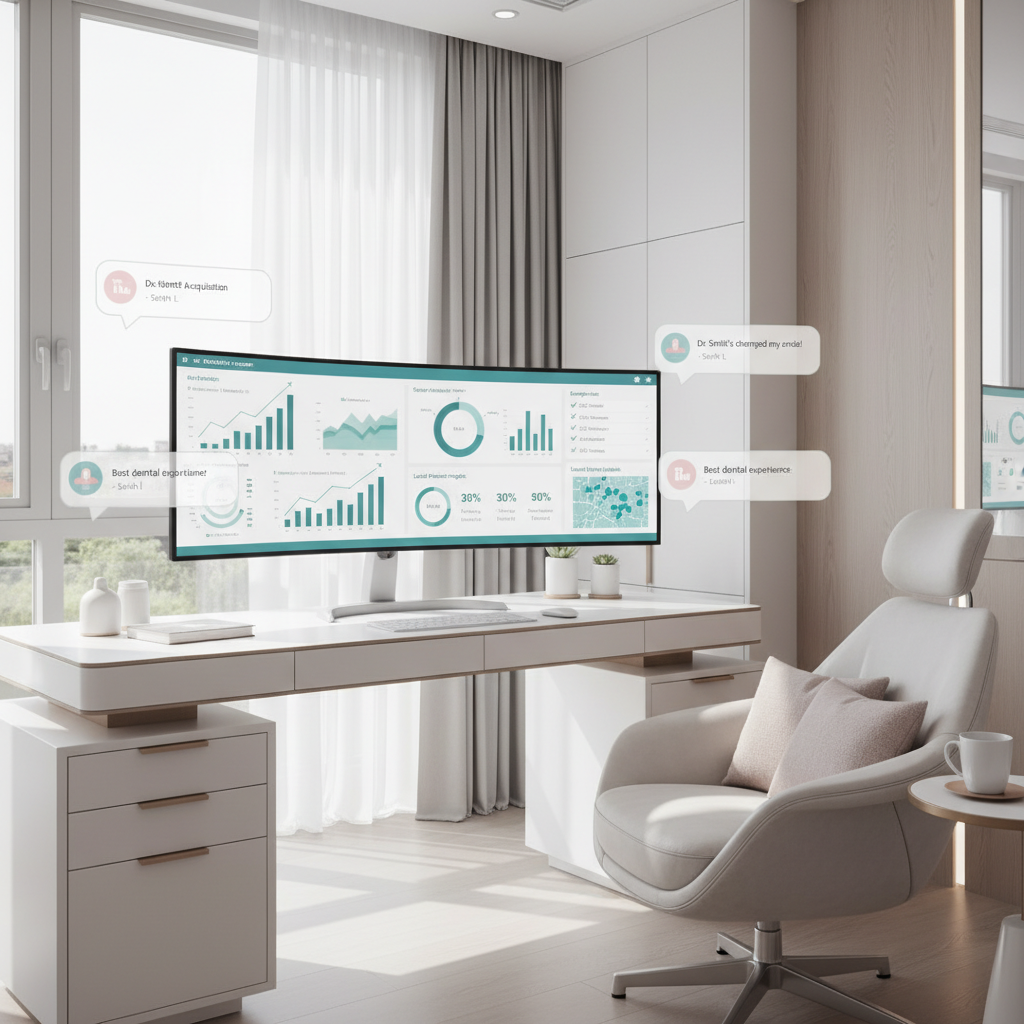 Modern dental clinic with a digital marketing dashboard, warm accents, and testimonial bubbles.