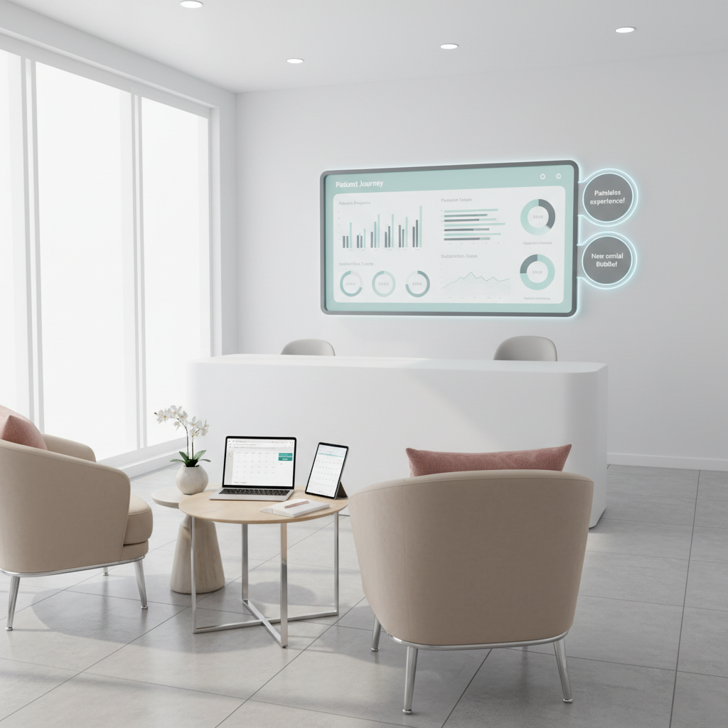 Modern dental clinic with digital dashboard, consultation area, laptop, and appointment calendar.