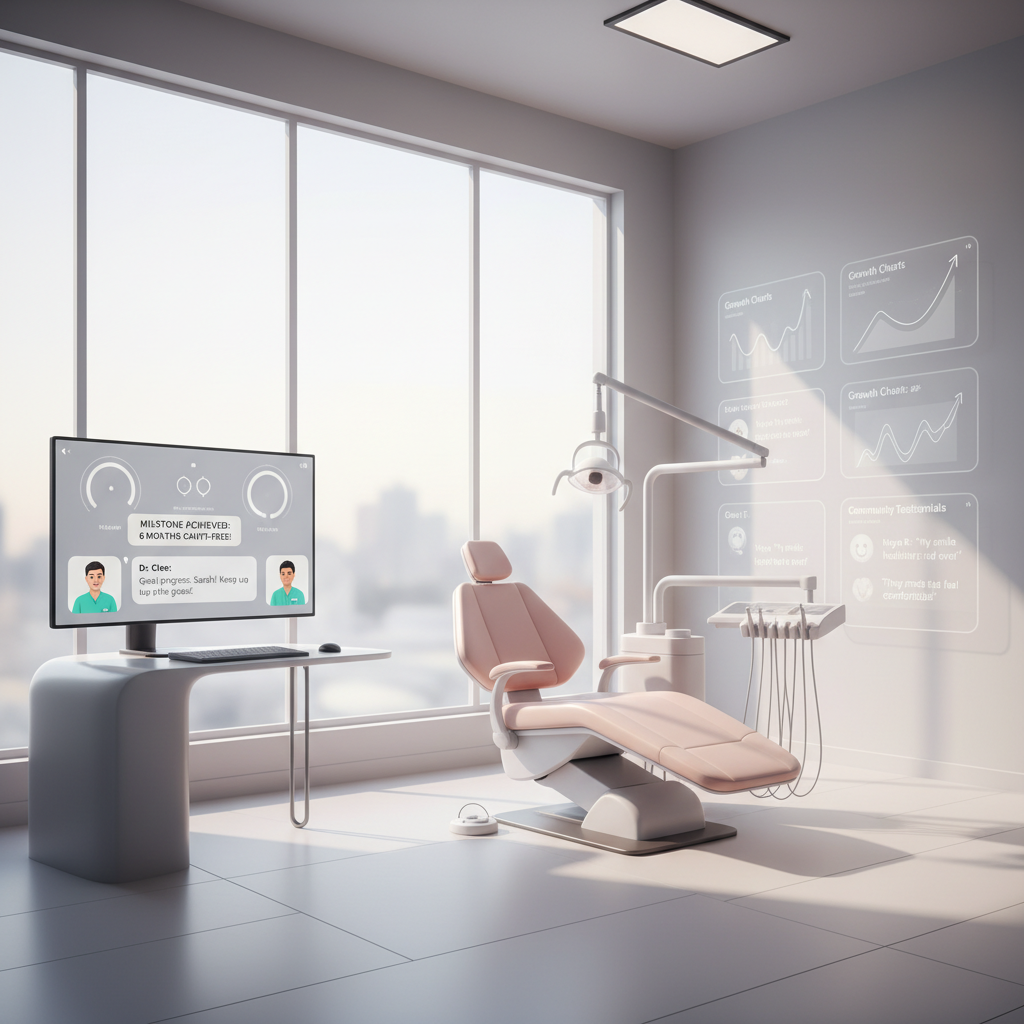 Modern dental clinic with digital dashboard, dental chair, growth charts, and community testimonials.