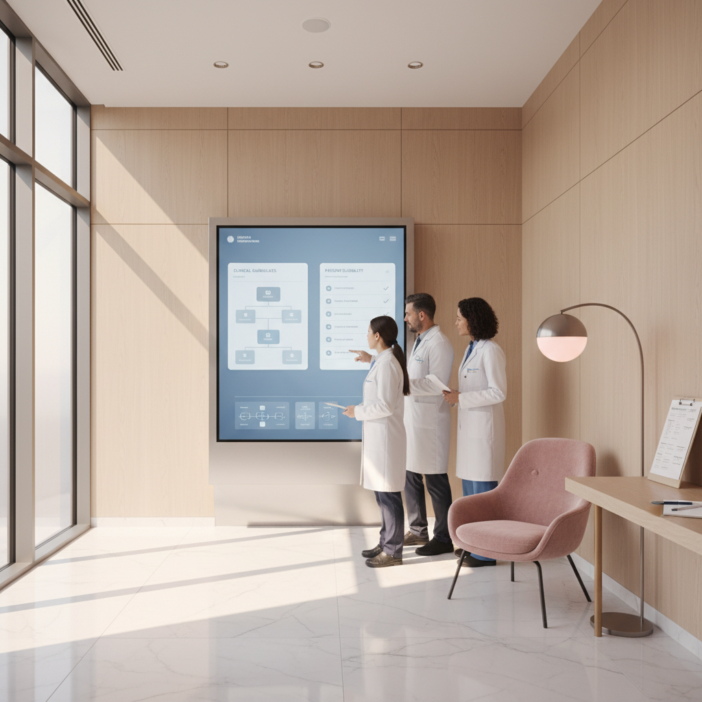 Modern dental clinic with digital dashboard, medical records, and warm, professional atmosphere.